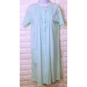 Vintage 80s Danni Dressing Gown Robe -L Pocket Ruched Lace Buttons SSL Nylon